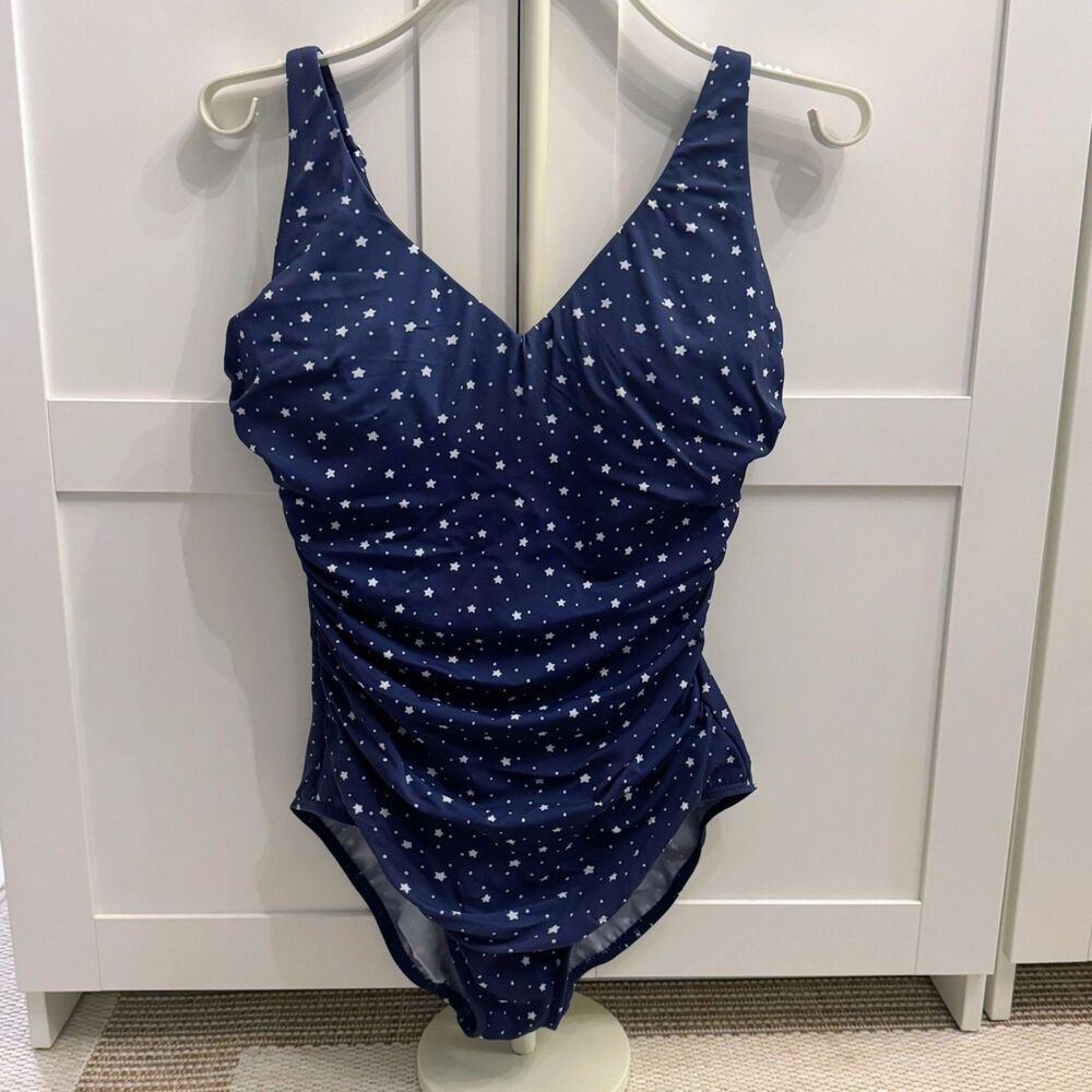 Miraclesuit x Talbots One Piece Swim Size 12 Navy Star Print Firm Tummy Control
